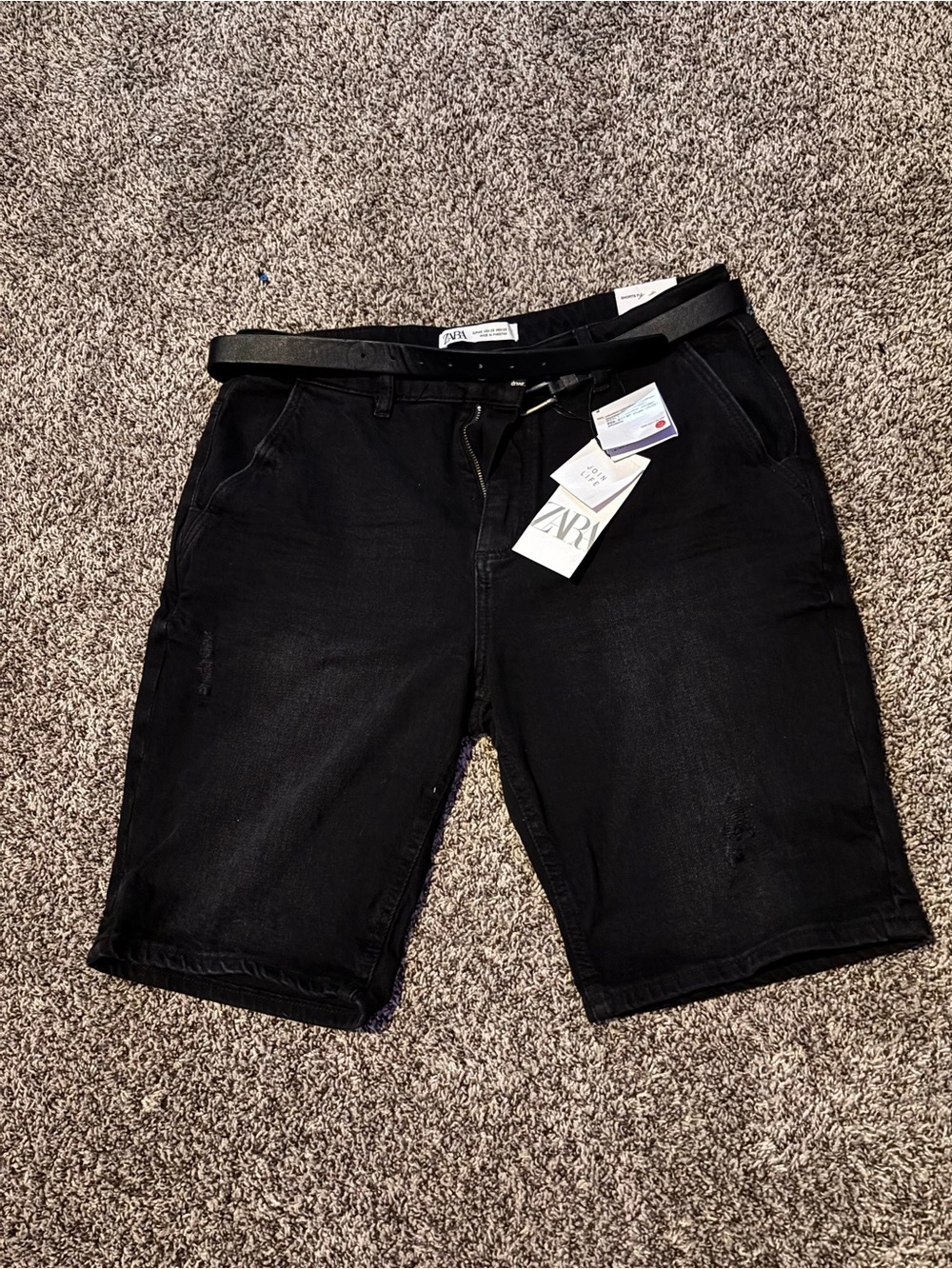 Zara Men Black Denim Shorts with Belted Waist